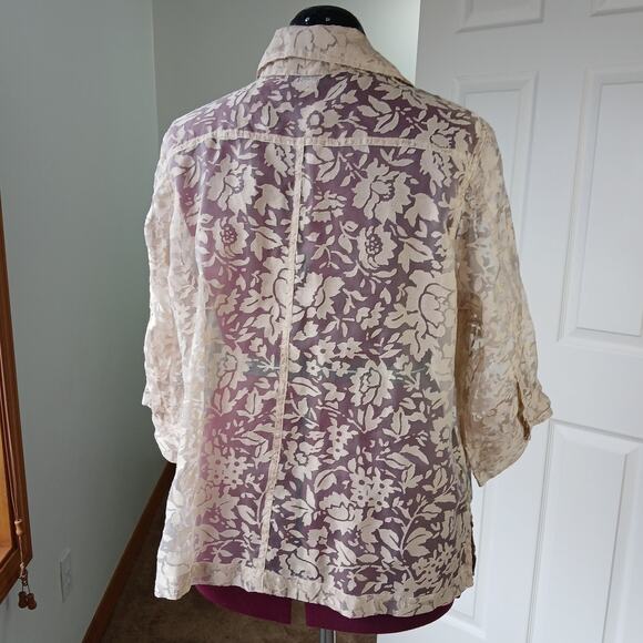 Notations Sheer Tan Floral Mesh Blouse 1X NEEDS REPAIR button down summer cover - Picture 3 of 14
